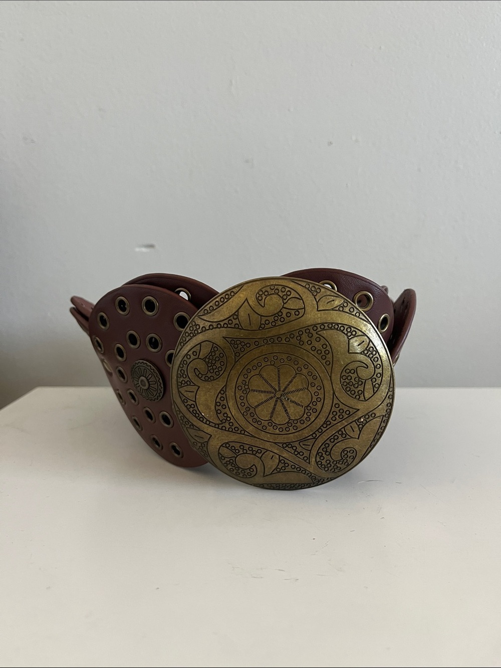 Wide Brown Leather Belt with Ornate Antique Brass Buckle